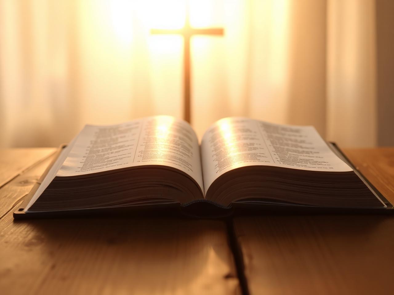 Open Bible with cross in soft light